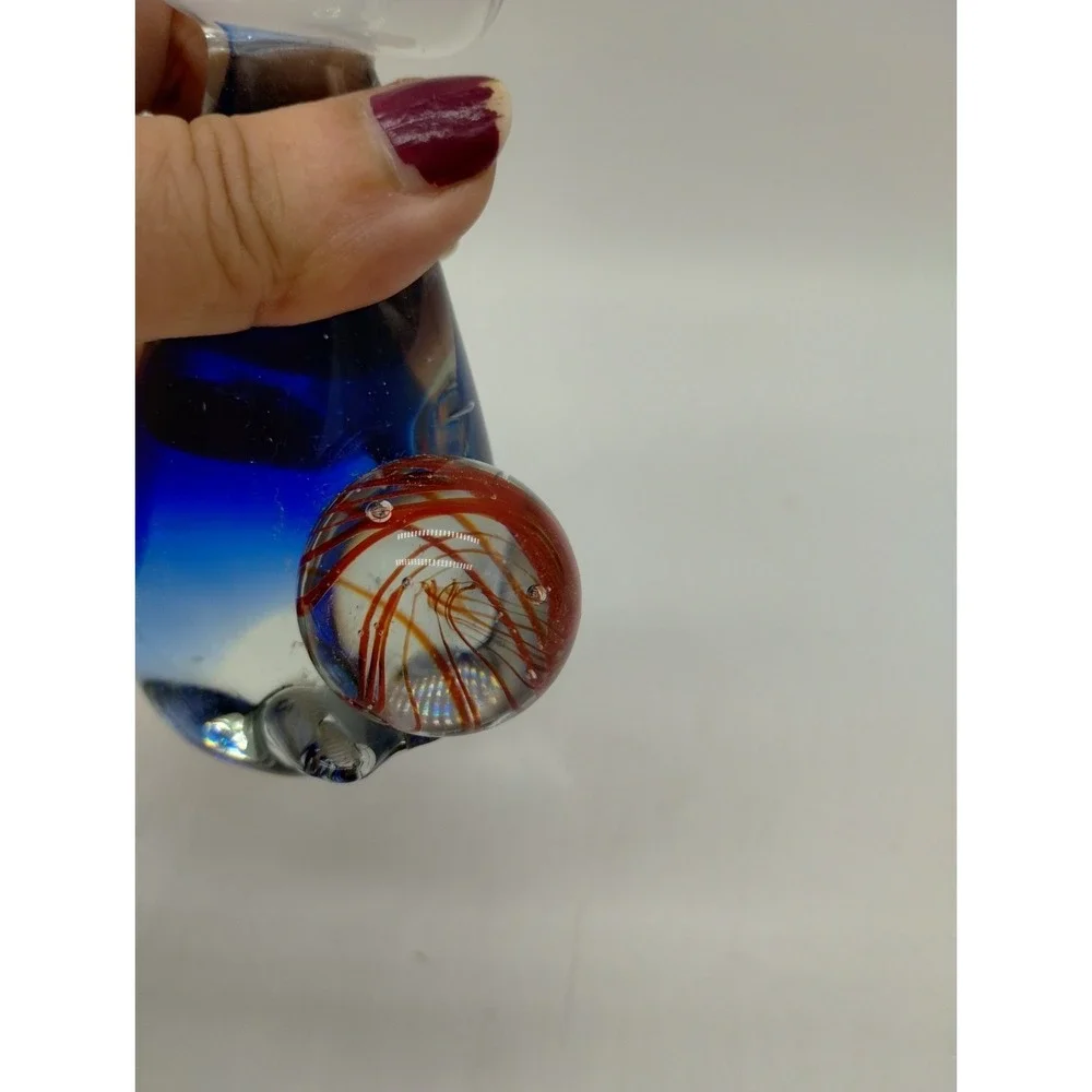 Art Glass Cat Kitten Figurine Paperweight Clear w/ Cobalt Blue Orange Ball Yarn